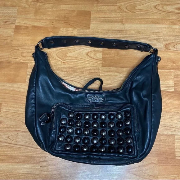 2000s Betsey Johnson Leather Studded Hobo Bag - Picture 7 of 11